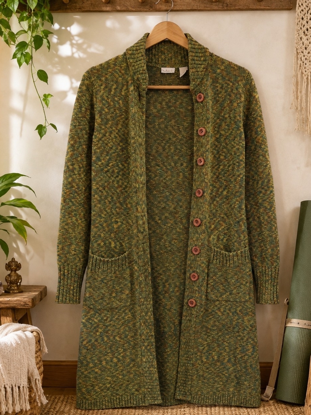 Rubbish Olive Green 100% Cottob Marled Long Button Knitted Cardigan